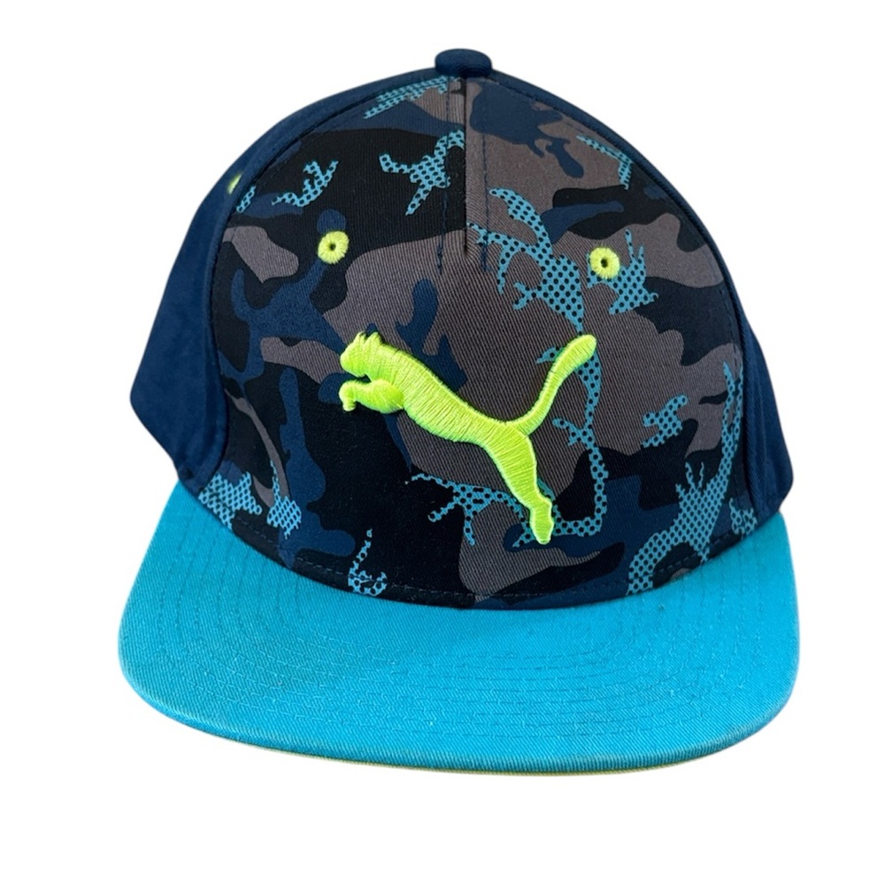 Puma Teal Brim Navy Camo Snapback with Neon Yellow Logo